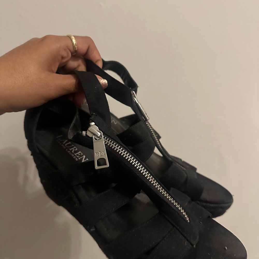 Ralph Lauren Black Strappy Wedge Sandals with Front Zipper
